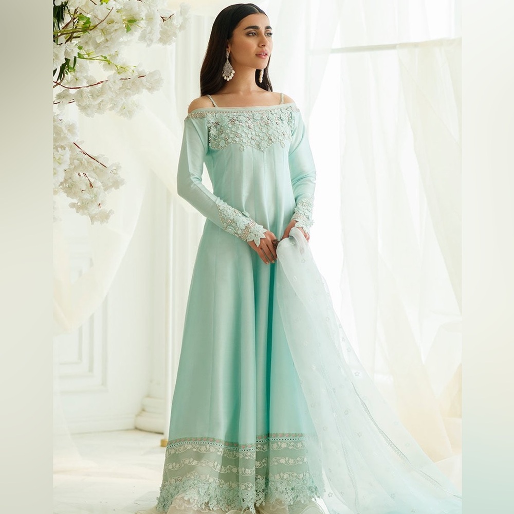 Elegant Long Sleeve Aqua Dress